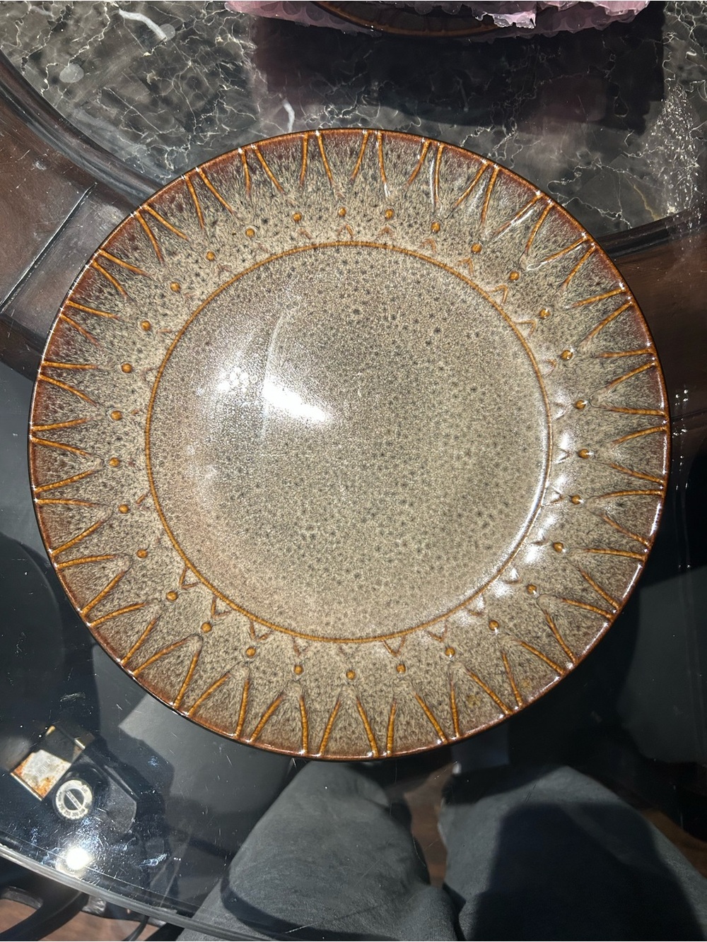 Stoneware Dinner Plate in Speckled Gray with Brown Accent